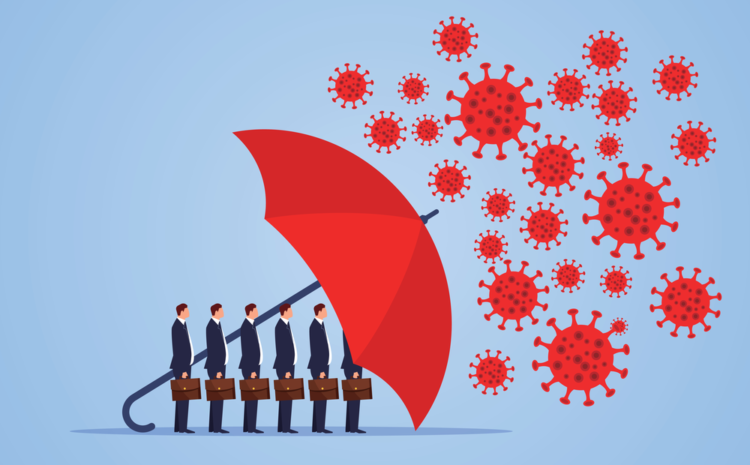 featured image showing a graphic of a red umbrella protecting workers from the novel coronavirus infection