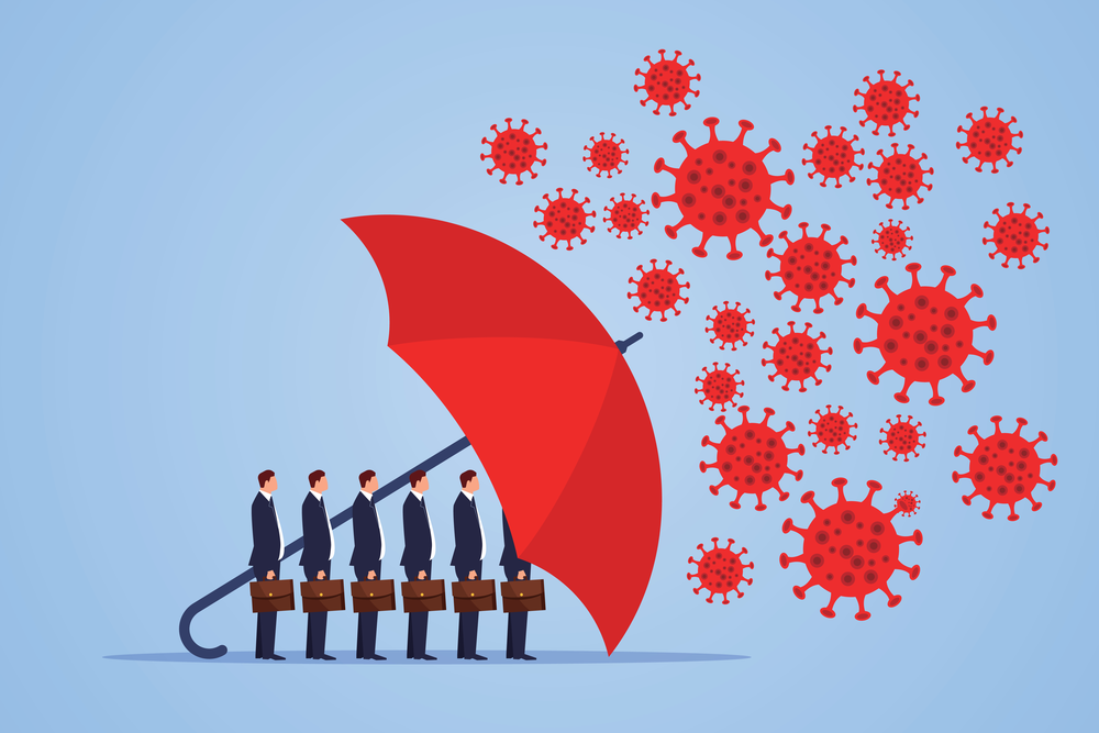featured image showing a graphic of a red umbrella protecting workers from the novel coronavirus infection